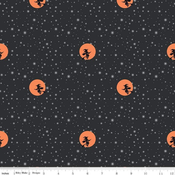 Spooky Schoolhouse Starry Night Charcoal Sparkle designed by Melissa Mortenson for Riley Blake Designs, halloween, autumn