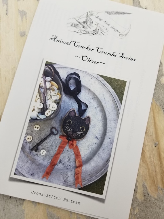 Oliver, Animal Cracker Crumbs Series by Stacy Nash Primitives...cross stitch chart, cat cross stitch