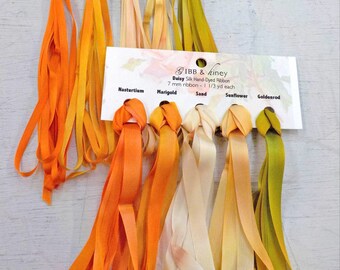 Daisy ribbon set...Gibb & Hiney, hand-dyed silk ribbon, 5 colors, 2 widths
