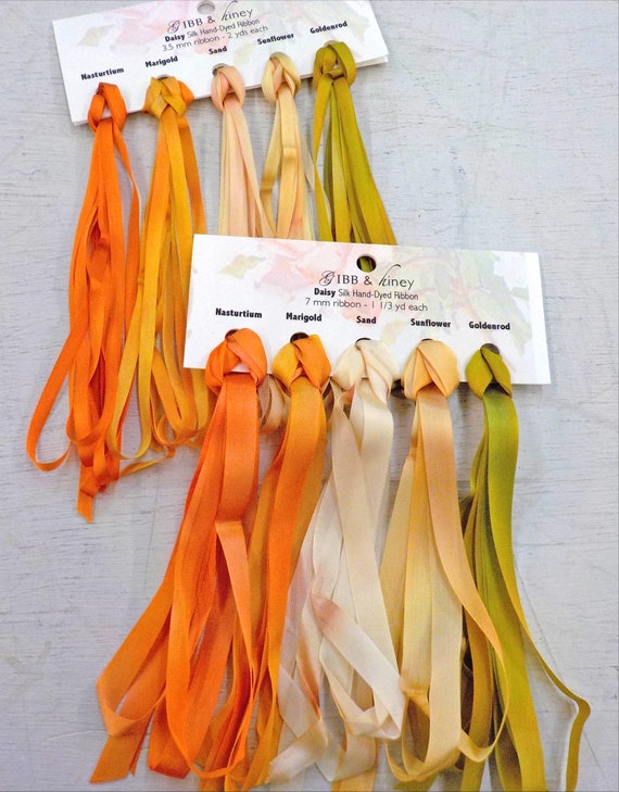 Daisy ribbon set...Gibb & Hiney, hand-dyed silk ribbon, 5 colors, 2 widths