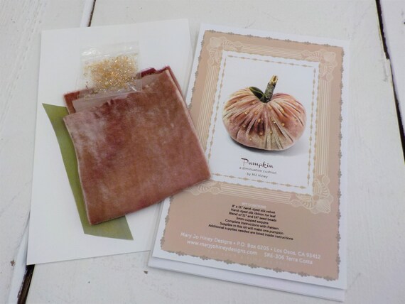 Pumpkin, a diminutive cushion by MJ Hiney...the Ribbon Muse...complete fabric and ribbon kit with instructions, terra cotta velvet
