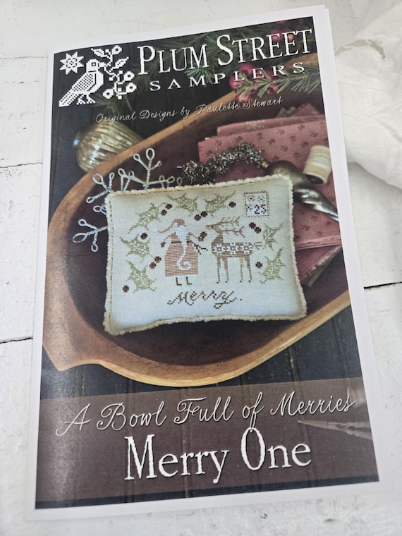 Merry One, A Bowl Full of Merries, by Plum Street Samplers...cross stitch pattern, Christmas cross stitch, winter cross stitch