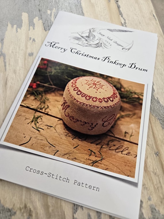 Merry Christmas Pinkeep Drum by Stacy Nash Primitives...cross stitch pattern, Christmas cross stitch