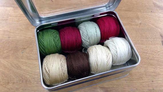 Vintage Christmas thread box...featuring 8 DMC perle cotton balls...no 8