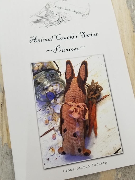 Primrose...Animal Crackers Series...Stacy Nash Primitives...cross stitch chart, rabbit cross stitch, bunny cross stitch