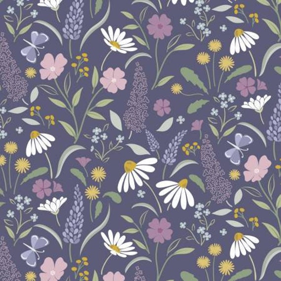 Floral Song Bloom on Navy Blue CC31-3 designed by Cassandra Connolly for Lewis & Irene