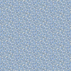 以下が含まれることがあります： 小さな白い花と小さな黄色のアクセントが繰り返されるパターンが特徴の、明るい青色の生地。 花柄のデザインは密に詰め込まれており、質感のある外観を作り出しています。 さまざまな縫製や手芸プロジェクトに適しています。