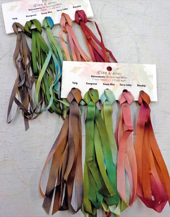 Alstroemeria ribbon set...Gibb & Hiney, hand-dyed silk ribbon, 5 colors, 2 widths