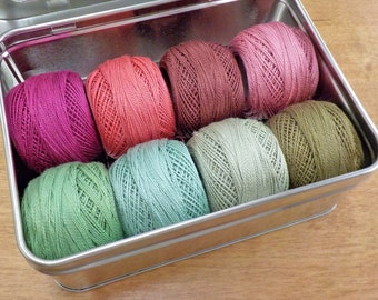 Geranium thread box...featuring 8 DMC perle cotton balls...no 8