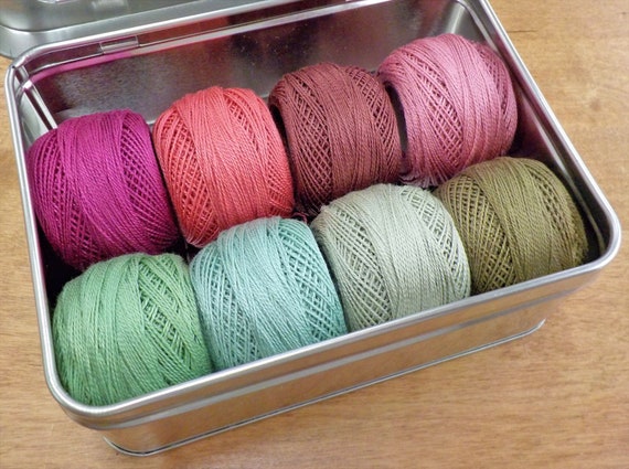 Geranium thread box...featuring 8 DMC perle cotton balls...no 8