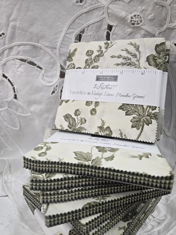 3 Sisters Favorites...Vintage Linens...Meadow Greens...Charm Pack...Moda Fabrics...42--5 inch squares