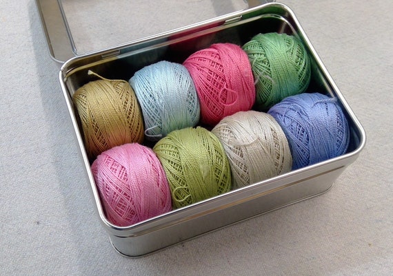 Tilda's Happy Campers-Inspired thread box...featuring 8 DMC perle cotton balls...no 8