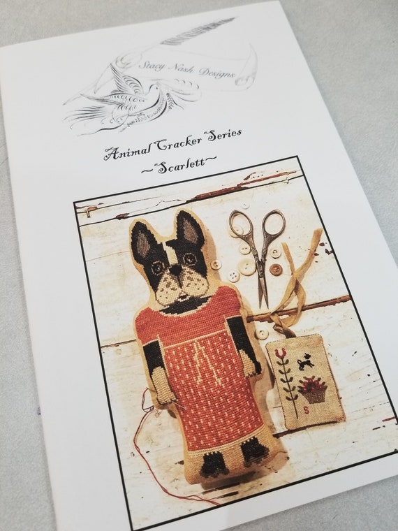 Scarlett, Animal Crackers Series by Stacy Nash Primitives...cross stitch chart, bulldog cross stitch