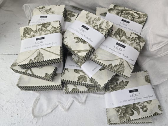 3 Sisters Favorites...Vintage Linens...Meadow Greens...Mini Charm Pack...Moda Fabrics...42--2 1/2 inch squares
