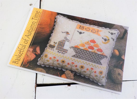 Basketful of Autumn Time by Brenda Gervais of With Thy Needle and Thread...cross stitch pattern, witch cross stitch, pumpkin cross stitch