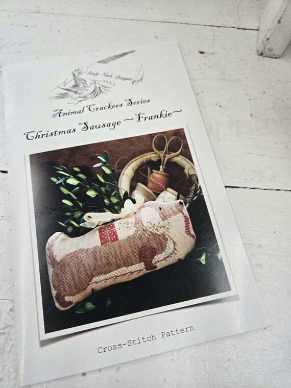 Frankie, Christmas Sausage, Animal Crackers Series...Stacy Nash Primitives...cross stitch chart...wiener dog cross stitch