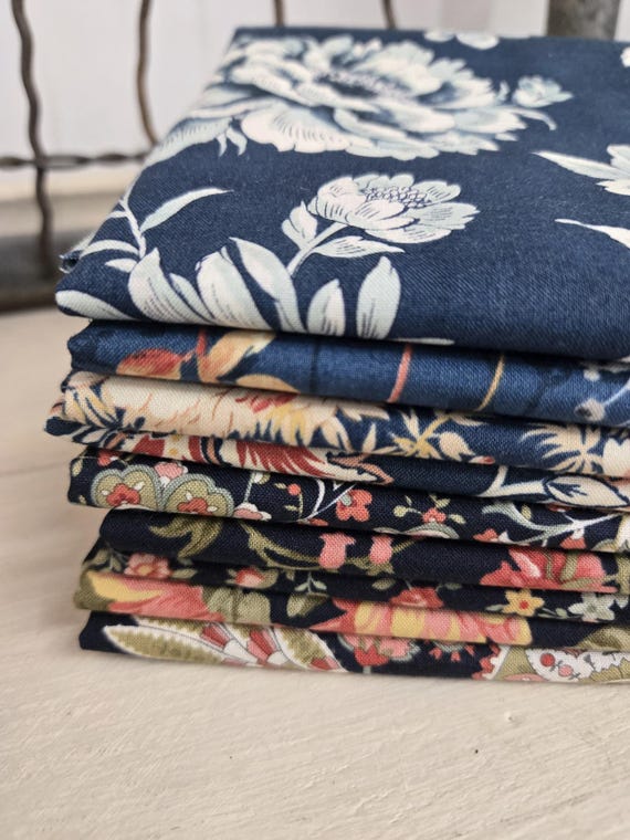 Grand Navy Flowers...HALF Yard bundle...3 Sisters...Moda Fabrics...9 prints