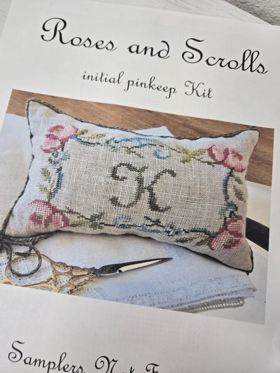 Roses and Scrolls initial pinkeep...Samplers Not forgotten...cross stitch kit