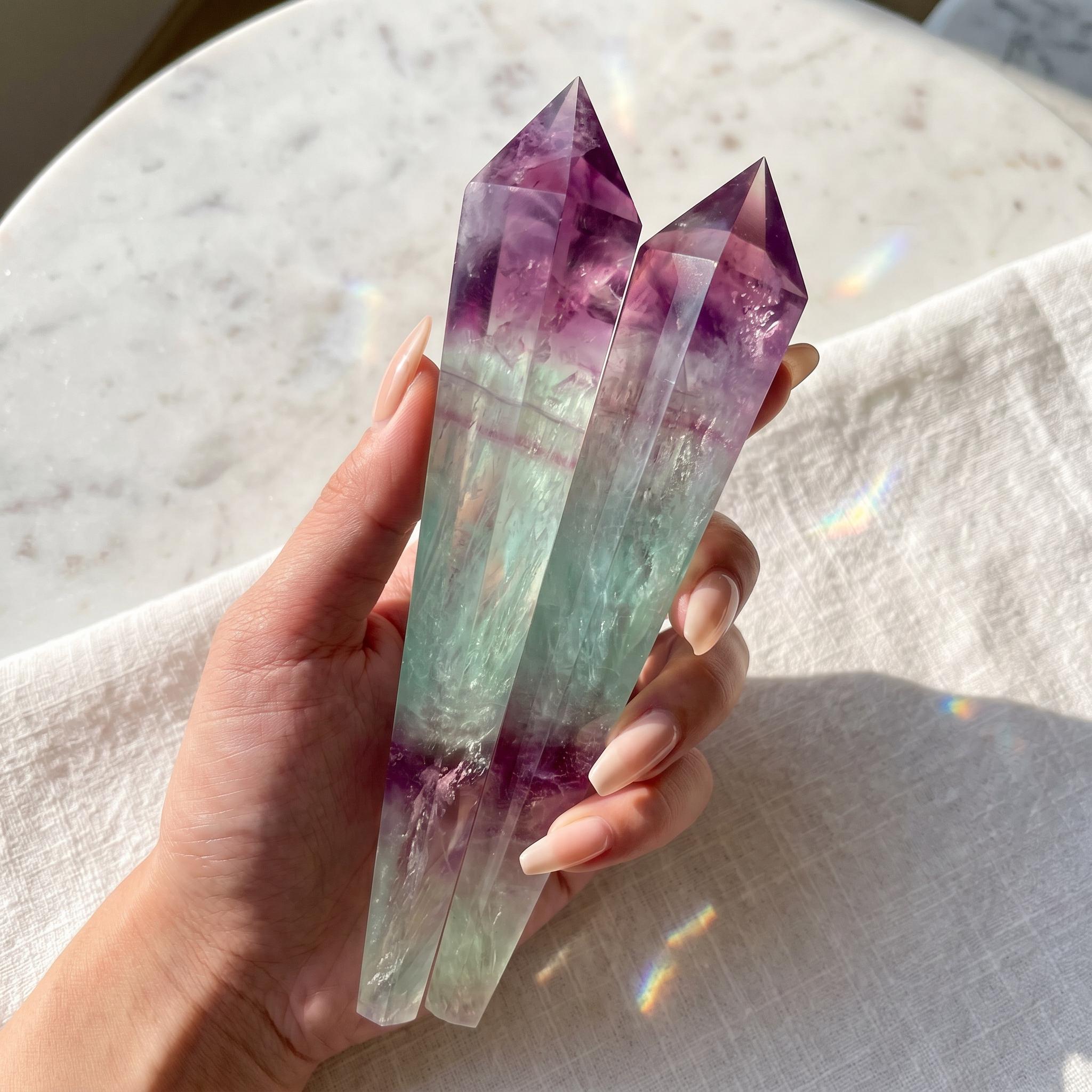 Terminated Colorful Rainbow Fluorite Crystal Tower, Colorful Fluorite Point, Double ...