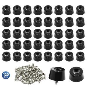 May include: A collection of 120 black furniture leg bumpers with screws. The bumpers are cone-shaped with a flat top and a recessed hole for the screw. The image shows the bumpers and screws in a group.