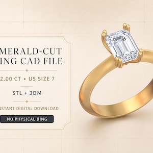 May include: A gold ring with an emerald-cut stone in a four-prong setting. Text reads: EMERALD-CUT RING CAD FILE, 2.00 CT, US SIZE 7, STL + 3DM, INSTANT DIGITAL DOWNLOAD, NO PHYSICAL RING. The design features a smooth band and a clear rectangular gemstone.