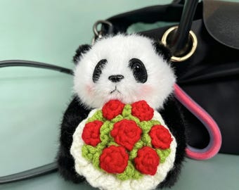 Gehaakte tashanger panda bloem, autoaccessoire, schattige pandasleutelhanger