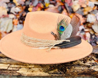 PEACOCK FEATHERS Standard Brim Straw HAT, Unisex Wooden Oak  display picture 3
