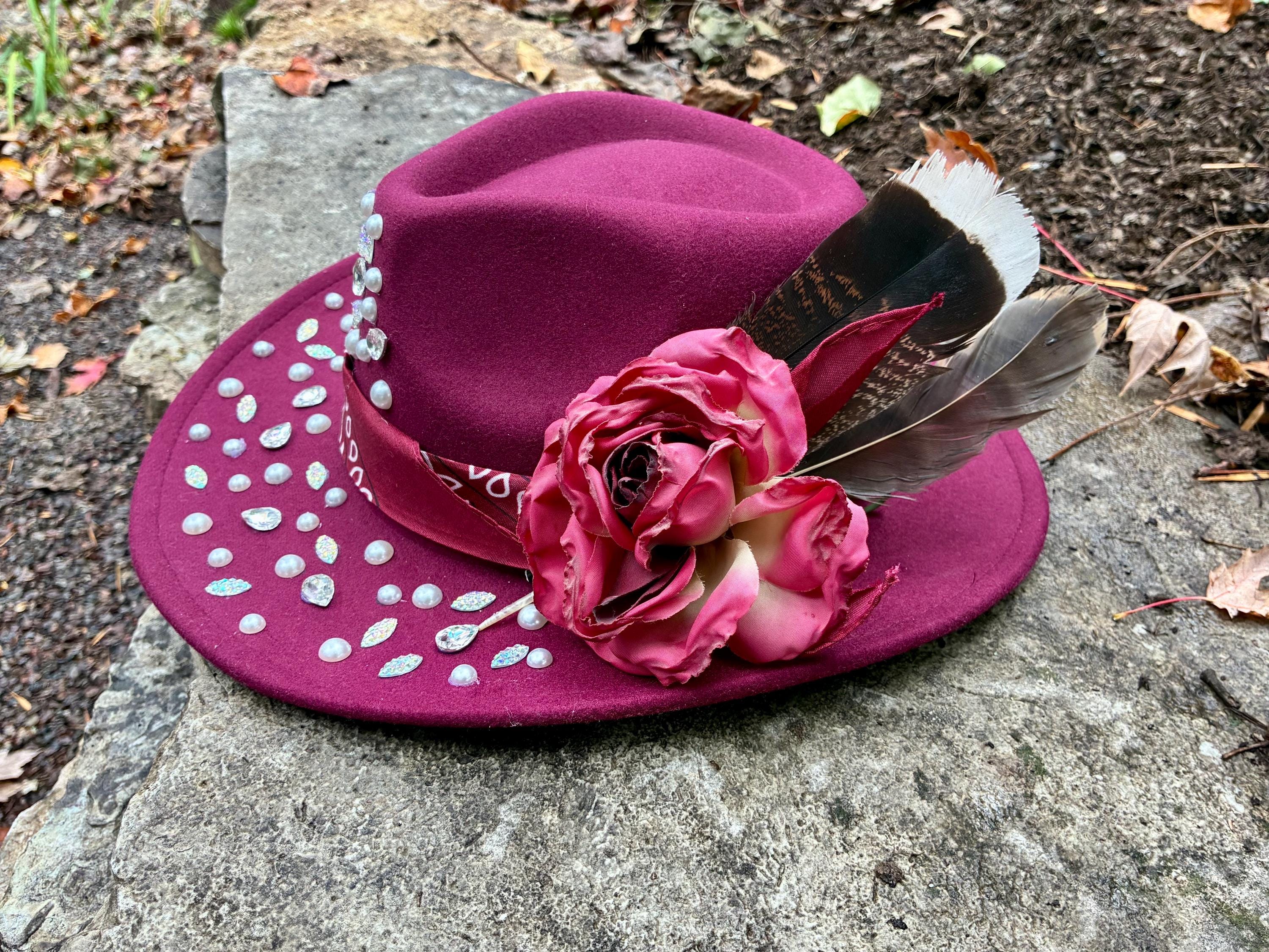 Maroon floral hat burgundy women’s cowgirl hat Hand-burned Maroon Burgundy Horse Rancher Cowboy Hat  main image 2