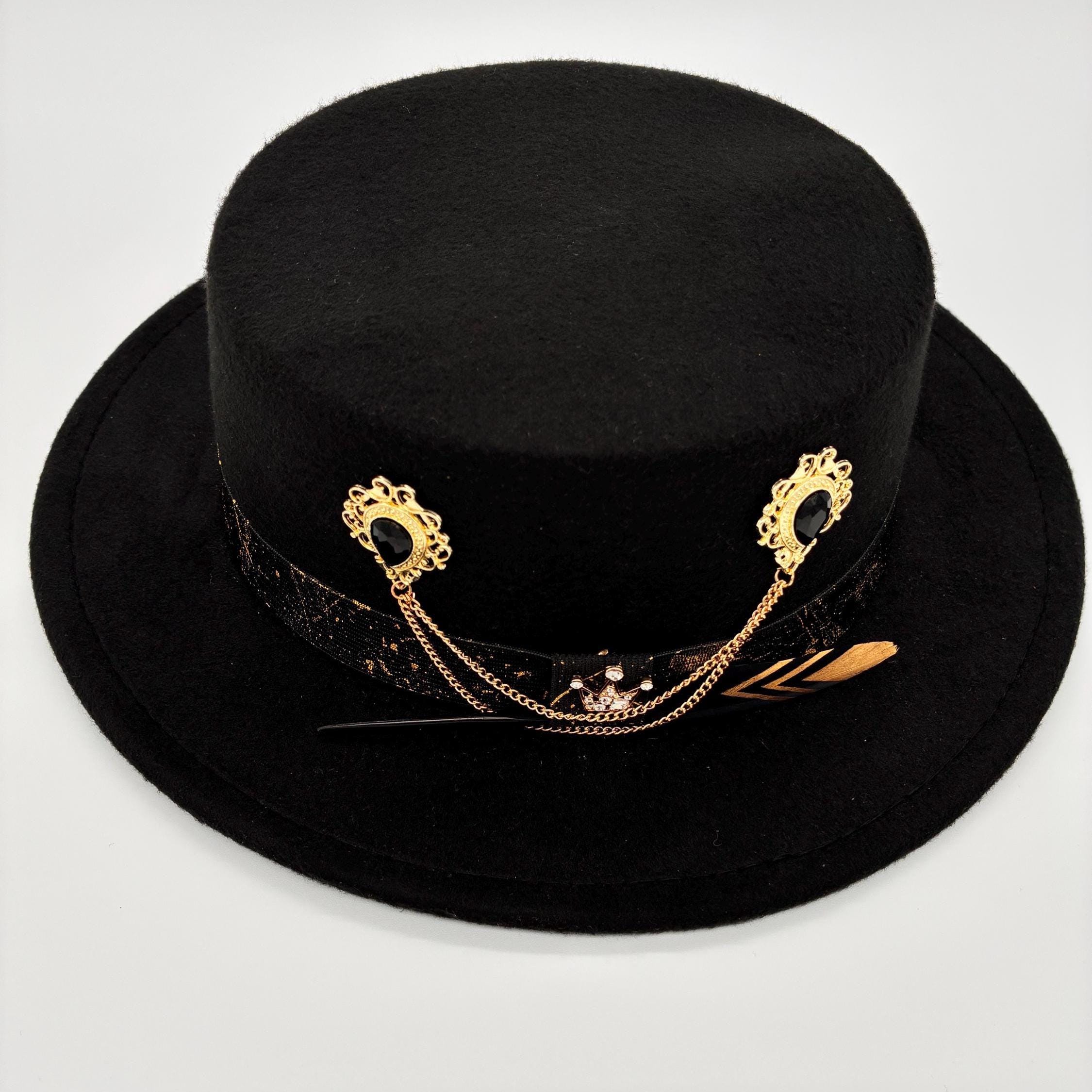 Black Bowler Hat Gold Splatter Band, Jeweled Chain Pin, Feather Accent (56-58cm)