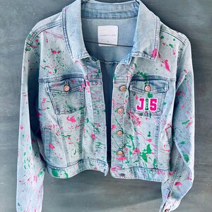 AKA‑Inspired Upcycled Hand‑Painted Denim Jacket • Pink & Green Splatter • Custom Patch Jacket • Size Small