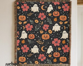 Halloween Woven Throw Blanket: Spooky Ghosts, Pumpkins & Floral Design; Fall Decor