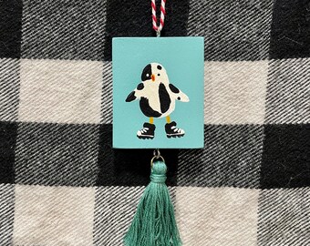Spotted Penguin in New Boots Painted Wood Ornament