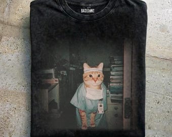 Cat Nurse Meme Vintage Wash Funny Cat Doctor Vintage Acid Wash Retro Graphic T-Shirt Unisex