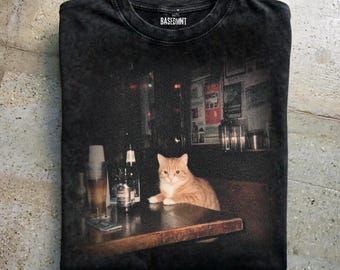 Pub Cat at Bar Acid Washed Vintage Style Black Oversized Tshirt