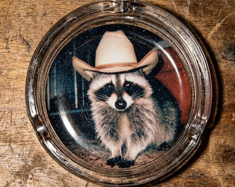 Raccoon Cowboy Ash tray Funny Glass Ashtray Smoker Animal Meme