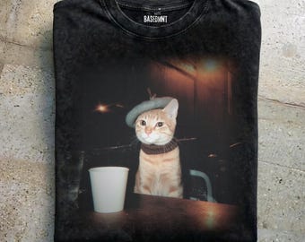 Paris Cat Oversized T-shirt Vintage Style Acid Wash French Kitty Shirt Cat Meme Tshirt
