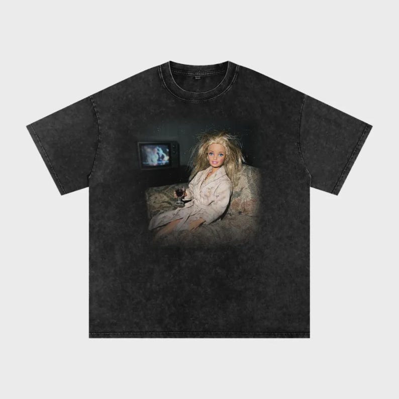 Funny Doll Meme Vintage Style Wine T-shirt, Acid Wash Distressed Tee, Retro Oversized Streetwear, 90s Inspired Shirt Vintage Wash Black
