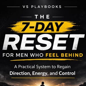 Könnte beinhalten: Buchcover mit dem Titel "The 7-Day Reset" in großen weißen Buchstaben mit einem gelben Balken. Das Cover zeigt eine Person, die auf einer Straße auf einen Sonnenuntergang zugeht. Der Text enthält "For Men Who Feel Behind".