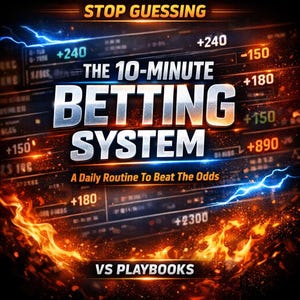 Op de afbeelding: Een promotionele afbeelding met een donkere achtergrond, met de tekst "STOP GUESSING" en "THE 10-MINUTE BETTING SYSTEM". Het ontwerp bevat gesimuleerde weddenschappen en vlammen, met de slogan "A Daily Routine To Beat The Odds". Het VS PLAYBOOKS-logo staat onderaan.