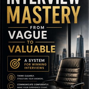 May include: Book cover titled "Interview Mastery" with gold and white text on a black background. The book promises a system for winning interviews, going "From Vague to Valuable." A black leather chair and a cityscape are visible in the background.