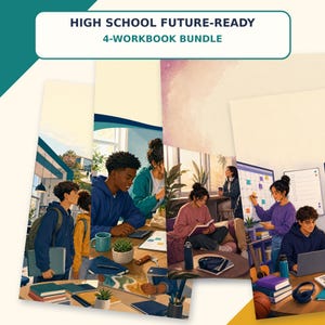 Può includere: Un set di quattro quaderni di esercizi intitolato HIGH SCHOOL FUTURE-READY 4-WORKBOOK BUNDLE. La copertina presenta illustrazioni di studenti in vari contesti accademici, tra cui aule, con libri, computer portatili e articoli di cancelleria.