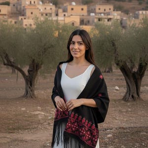 May include: A woman wearing a white dress and a black shawl with red embroidery and fringe. The shawl features intricate floral and geometric patterns. The background includes olive trees and a village on a hillside.
