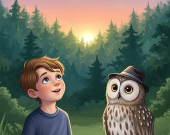 Può includere: Illustrazione di un giovane che guarda il cielo, accompagnato da un gufo con un cappello, appollaiato su un ramo. Il gufo ha grandi occhi gialli e piume marroni e bianche. Lo sfondo mostra una foresta e un tramonto.