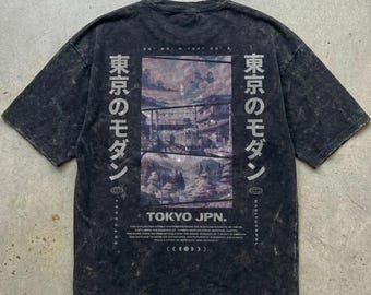 Tokyo Modern Graphic T-Shirt | Faded Japanese Streetwear Tee | Unisex Snow Wash Shirt