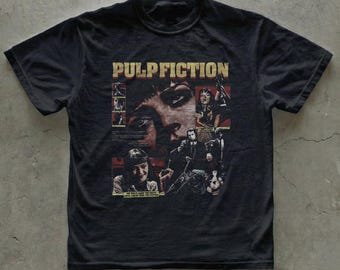Vintage Pulp Fiction graphic tee, retro film poster collage, unisex T-shirt, cult 90s cinema, movie T-shirt, Quentin Tarantino