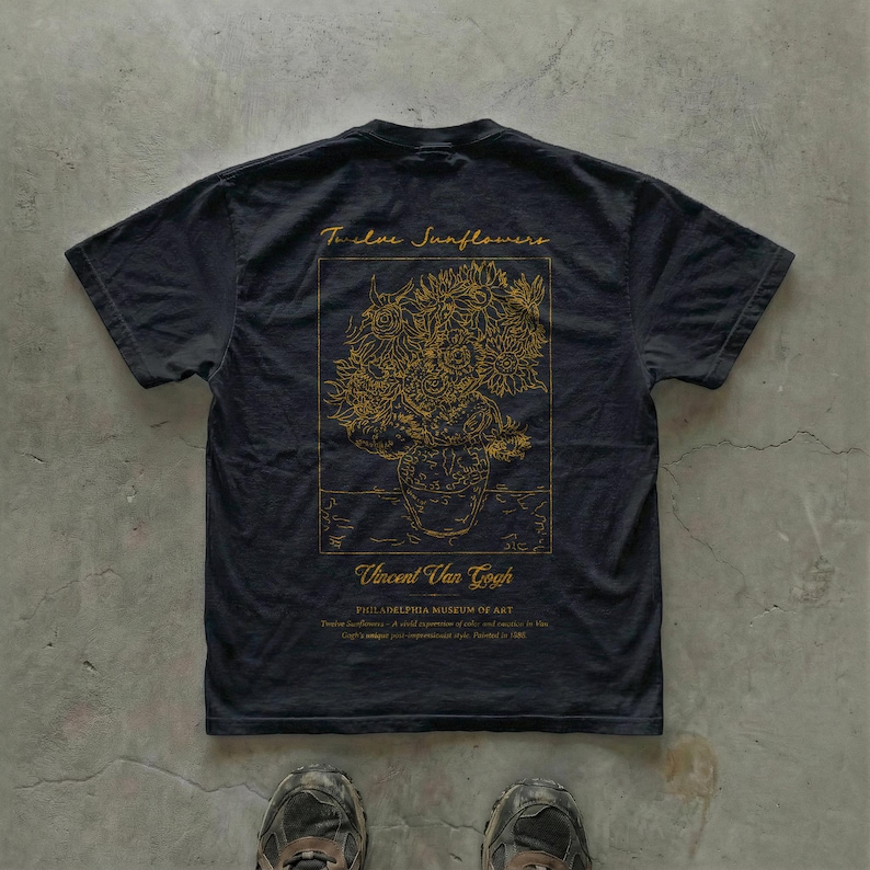 Vintage Van Gogh graphic tee, unisex art shirt inspired by Twelve Sunflowers — aesthetic gallery-style print.