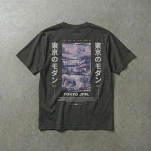Tokyo modern graphic tee streetwear, japanese urban art vibe, unisex fit, soft cotton, aesthetic 2025 graphic shirt.