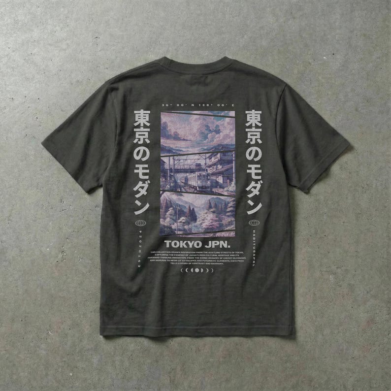 Tokyo modern graphic tee streetwear, japanese urban art vibe, unisex fit, soft cotton, aesthetic 2025 graphic shirt.