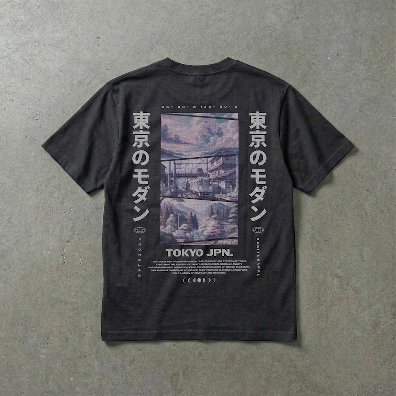 Tokyo modern graphic tee streetwear, japanese urban art vibe, unisex fit, soft cotton, aesthetic 2025 graphic shirt.