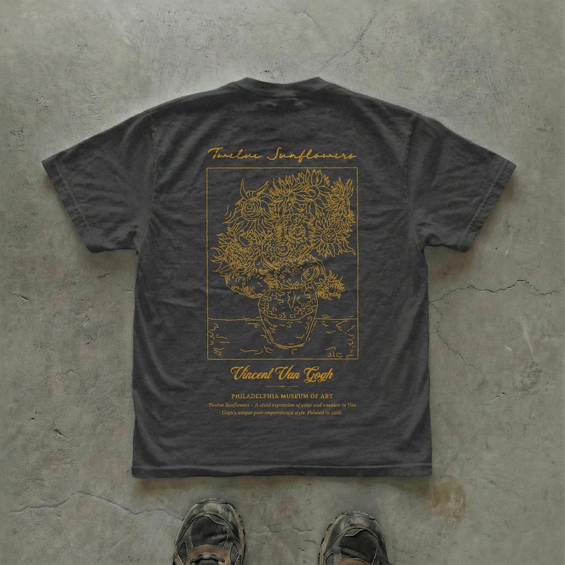 Vintage Van Gogh graphic tee, unisex art shirt inspired by Twelve Sunflowers — aesthetic gallery-style print.
